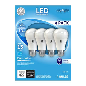 GE 4-Pack 10-Watt Dimmable LED Daylight A19 Light Bulbs