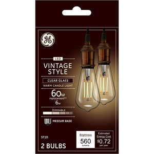GE 2-Pack 6-Watt LED Vintage Style Clear Glass Dimmable ST19 Light Bulbs