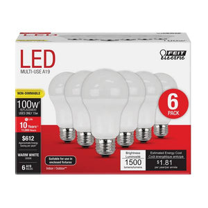 FEIT Electric 6-Count 1500 Lumen 3000K Non-Dimmable A19 LED