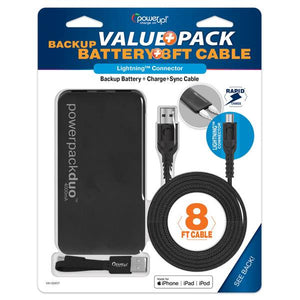 Power Up Value Pack MFi 8-Pin USB Cable 8' Backup Battery