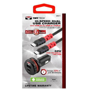 Tuff Tech 32W PD Dual Charger with 4' USB-C to USB-C Cable