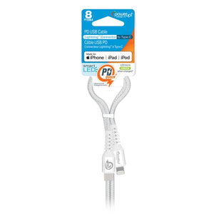 Power Up 8ft Smart LED Braided Cable Type C to MFi 8-pin, White