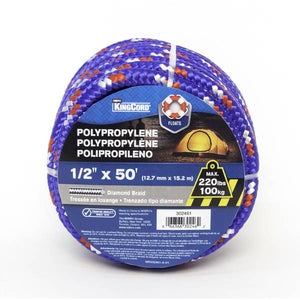 King Chain 1/2" x 50' Diamond Braid- Polypropylene Rope, Blue/Red/White