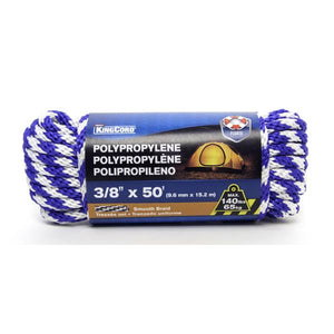 King Chain 3/8" x 50' Smooth Braid Polypropylene Derby Rope, Blue/White