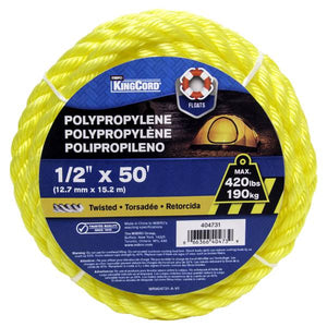 King Chain 1/2" x 50' Twisted Polypropylene Rope, Yellow