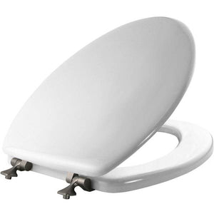 Mayfair Edgewater Elongated Enameled Wood Toilet Seat White with Brushed Nickel Hinges