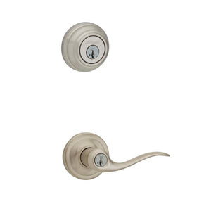 Kwikset 991 Tustin Keyed Entry Lever and Single Cylinder Deadbolt Combo Pack featuring SmartKey in Satin Ni