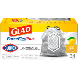 Glad 34-Count 13 Gal Tall ForceFlex Plus With Clorox Kitchen Drawstring Trash Bags