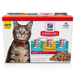 Hill's Science Diet 12-Count Variety Pack of 2.8 oz Adult Cat Food Pouches Chicken, Tuna, and Ocean Fish