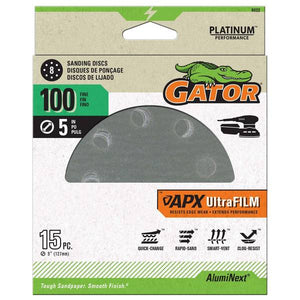 Gator 15-Pack 5" 100 Grit 8-Hole Hook and Loop Sanding Discs