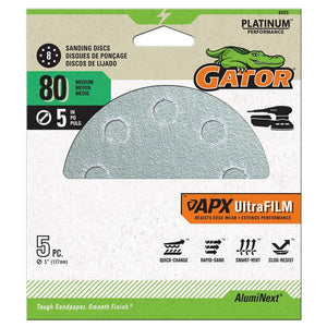 Gator 5-Pack 5" 80 Grit 8-Hole Hook and Look Sanding Discs