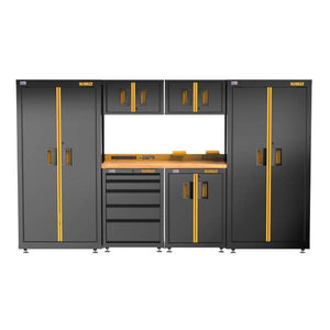DEWALT 126" Wide, 7 Piece Welded Storage Suite with 2-Door and 5-Drawer Base Cabinets and Wood Top