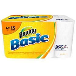 Bounty Basic 1-Ply Paper Towels, 10-3/16"H x 10-3/16"W, White, 55 Sheets Per Roll, 12 Rolls