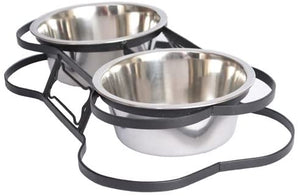 Iconic Pet Dog or Cat Stainless Steel Double Diner Elevated Bowl Set with Heavy Duty Bone Shaped Rim