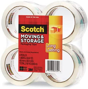 Moving & Storage Tape, 1.88"" x 54.6yds, 3"" Core, Clear, 4 Rolls/Pack, Sold as 4 Roll