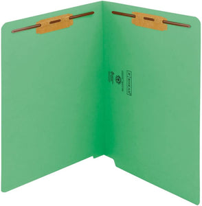 Smead WaterShed/CutLess End Tab Fastener File Folder, Reinforced Straight-Cut Tab, 2 Fasteners, Letter Size, Green, 50 per Box (25150)