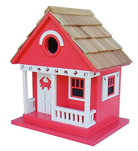 Wood Beach Cottage Birdhouse, in Red with Crab
