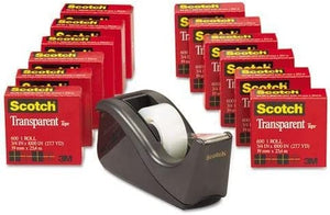 SCOTCH 600KC60 Transparent Tape Dispenser Value Pack, 1" Core, Black, 12/Pack