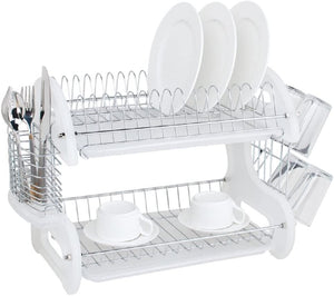 2 Tier Dishes Drainer White Kitchen Sink Drying Rack Sleek Contemporary Design