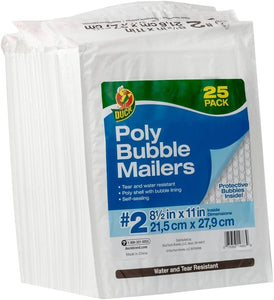Duck Brand #2 Poly Bubble Mailer, 8.5" x 11", White, 25-pack
