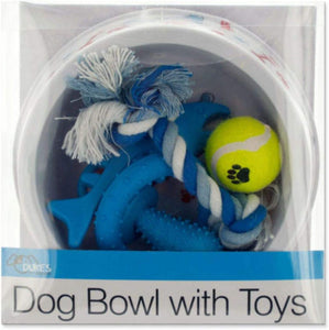Dukes Printed Dog Bowl with Toys Set, Pack of 4