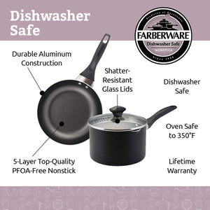 Farberware 21806 Dishwasher Safe Nonstick Cookware Pots and Pans Set, 15 Piece, Black
