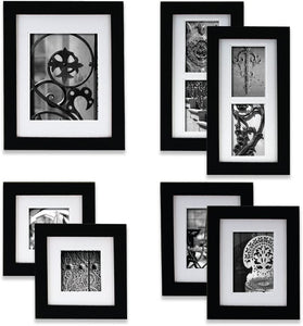 Gallery Perfect 7 Piece Black Wood Photo Wall Decorative Art Prints & Hanging Template Picture Frame Gallery Set, Multi, White/White