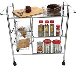 Mind Reader 3-Tier Kitchen / Utility Cart with 2 Shelves, 2 Baskets For Extra Storage, Handles for Hanging Towels