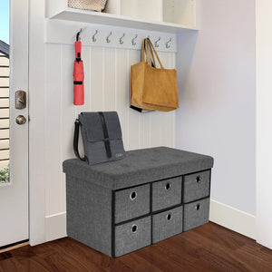 Sorbus Storage Bench Chest with Drawers – Collapsible Folding Bench Ottoman Includes Cover – Perfect for Entryway, Bedroom Bench, Cubby Drawer Footstool, Hope Chest, Faux Linen