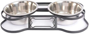 Iconic Pet Dog or Cat Stainless Steel Double Diner Elevated Bowl Set with Heavy Duty Bone Shaped Rim