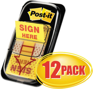 Page Flags in Dispenser, ""Sign Here"", Yellow, 12 50-Flag Dispensers/Pk, Sold as 12 Package