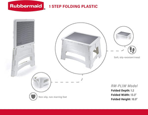 Rubbermaid RM-PL1W Folding 1-Step Plastic Stool, 300-pound Capacity, White