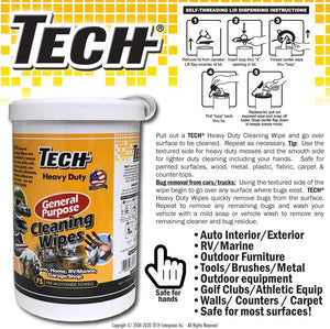TECH Heavy-Duty Multi-Surface Cleaning Wipes for Hands, Tools, Auto/Marine/RV, Garage, Home - 10 x 12 inch, Dual Sided, 75 Count (33175)