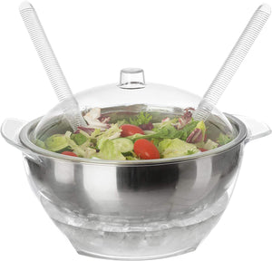 Classic Cuisine Salad Bowl with Lid and Utensils-5PC Cold Serving Dish Set with Ice Chamber-For Chilled Pasta, Potato Salad, Fruit and More
