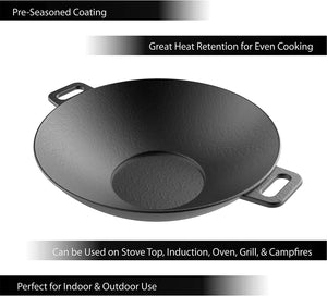 Cast Iron Wok-14” Pre-Seasoned, Flat Bottom Cookware with Handles-Compatible with Stovetop, Oven, Induction, Grill, or Campfire by Classic Cuisine