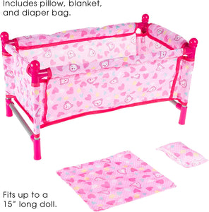 Hey! Play! Baby Doll Bed & Playpen – Mini Pack & Play Crib for 15" Dolls & Stuffed Animals – Pillow, Blanket & Carrying Bag Included, Brown/a (80-1604O1449)