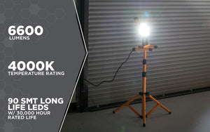 Woods WL40072S Portable Led Work Light On Steel Tripod, 6000 Lumens, 72 Watts, 4000 Kelvin, 5 Foot Cord, Orange/Black