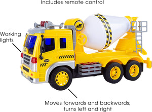 Hey! Play! Remote Control Cement Mixer Truck– 1: 16 Scale, Fully Functional Rotating Concrete Construction RC Vehicle with Lights & Sound for Kids