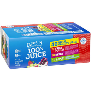 Capri Sun All natural 100% Juice Variety Pack (10-Fruit Punch, 10-Apple, 10-Berry and 10-Grape), 15-Pound