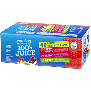 Capri Sun All natural 100% Juice Variety Pack (10-Fruit Punch, 10-Apple, 10-Berry and 10-Grape), 15-Pound