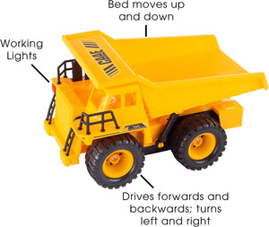 Hey! Play! Remote Control Dump Truck– 1: 22 Scale, Fully Functional RC Construction Toy Vehicle with Lifting Bed, Lights & Sounds for Kids