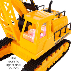 Hey! Play! Remote Control Crane Truck- 360° Rotating RC Construction Toy Vehicle, 1: 30 Scale, Winch, Detachable Cable Roll, Lights & Sounds