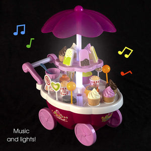 Hey! Play! Kids Ice Cream Cart-Mini Pretend Play Food Stand with Candy, Lollipops, Popcorn, Snacks, Play Money-Sweets Trolley with Light & Music (80-TK028462)
