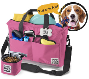 Dog Travel Bag - Day Away Tote Dogs - Includes Bag, Lined Food Carrier, and Luggage Tag (Pink)