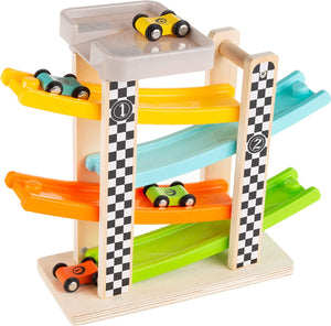 Hey! Play! Toy Race Track and Racecar Set- Wooden Car Racer with 4 Colorful Cars with Moving Wheels, Ramps, Brown (80-YC120272)