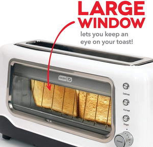 Dash DVTS501WH Clear View Extra Wide Slot Toaster with Stainless Steel Accents + See Through Window, Defrost, Reheat + Auto Shut Off Feature For Bagels, Specialty Breads & Other Baked Goods, White