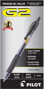 PILOT G2 Premium Refillable & Retractable Rolling Ball Gel Pens, Bold Point, Black Ink, 12 Count (31256)