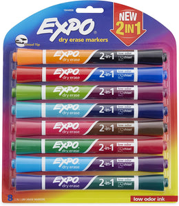 Erase Markers 2-in-1 Dry, Chisel Tip, Assorted Colors, 8-Count,Assorted + Black