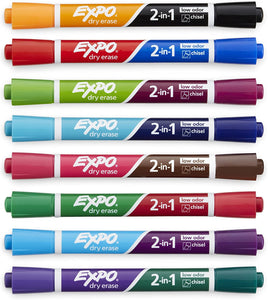 Erase Markers 2-in-1 Dry, Chisel Tip, Assorted Colors, 8-Count,Assorted + Black