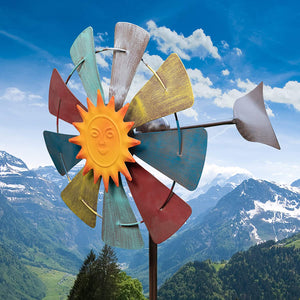 Alpine Corporation 71" Sun Face Windmill Stake Kinetic Spinner Outdoor Yard Art Décor, Red, White, Yellow and Blue
